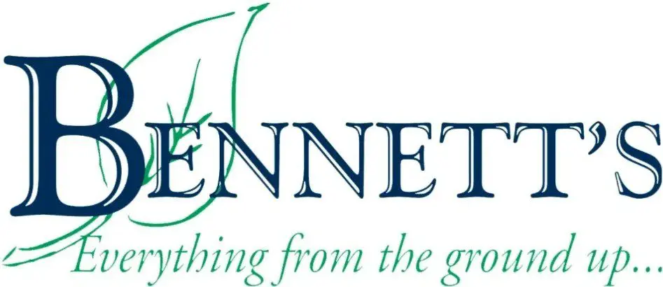Logo of bennett's featuring stylized green and blue text with a leaf motif on the letter "b" and the tagline "everything from the ground up..." below it.