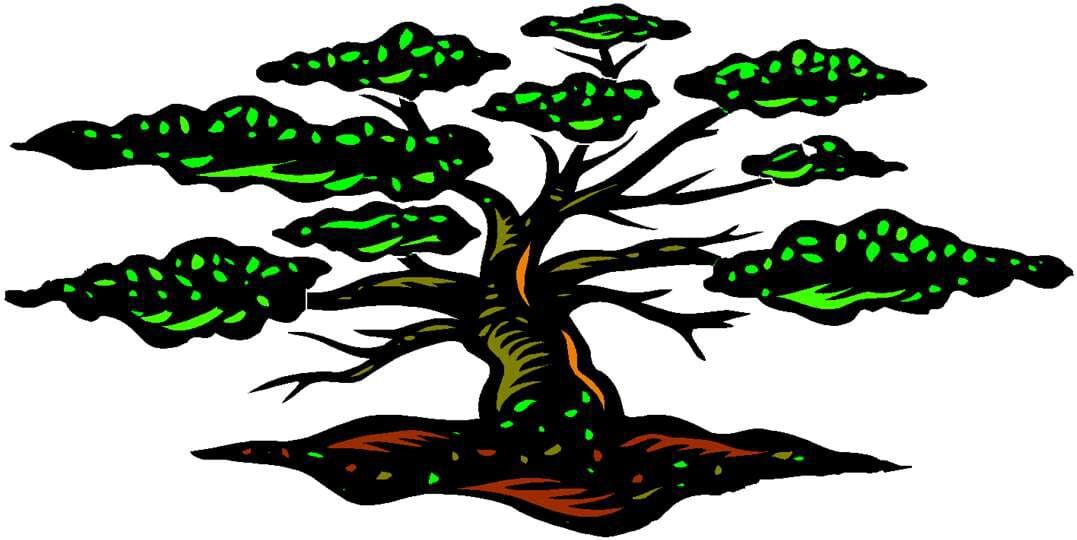 Illustration of a stylized tree with a thick trunk and expansive branches, featuring green leaves and scattered red dots on the ground.