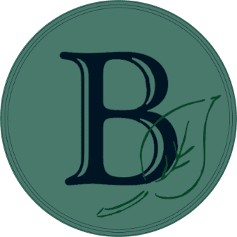 Circular logo with the letter "b" styled in a serif font, intertwined with a green leafy vine and delicate flowers, set against a dark green background.