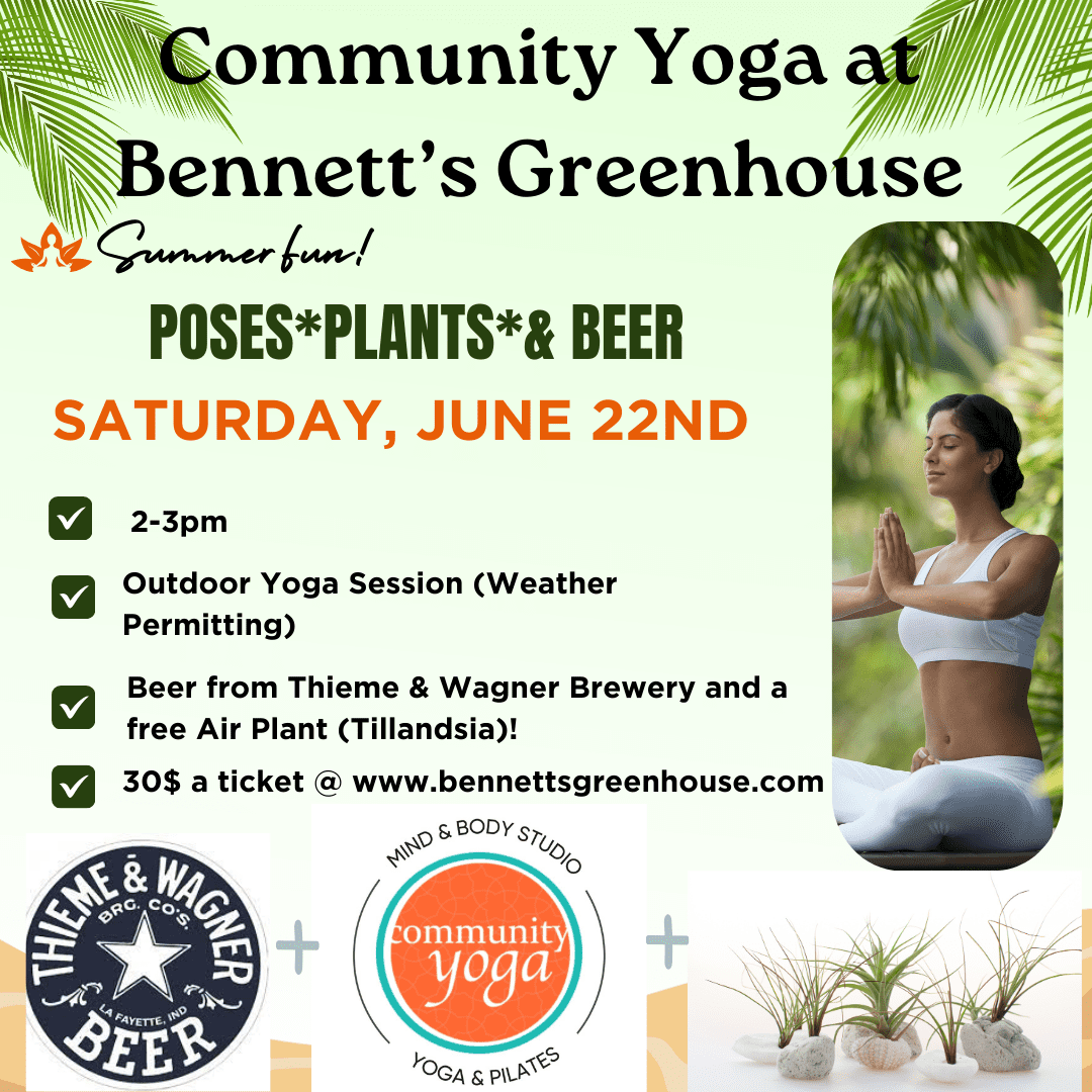 Promotional flyer for a community yoga session at bennett's greenhouse featuring yoga, free air plants, and beer, with an image of a woman practicing yoga.