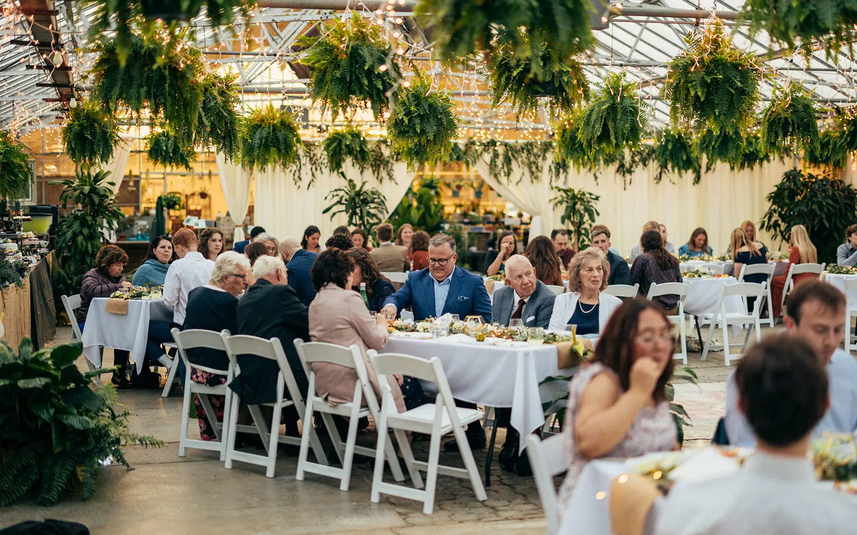 Guests seated at tables in a greenhouse adorned with hanging plants during a formal event.