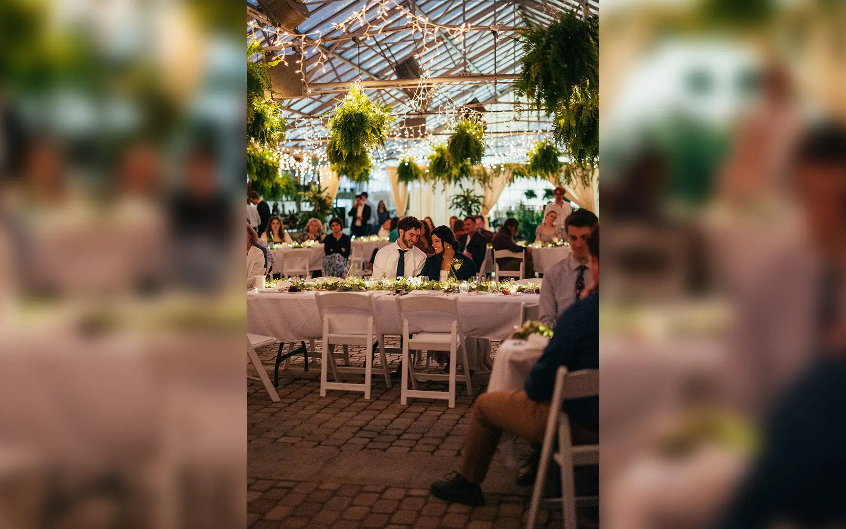 Guests seated at decorated tables during an evening event in a greenhouse with hanging plants and lights.