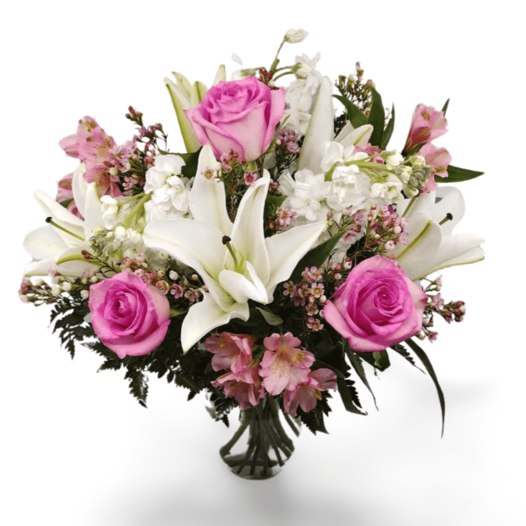 Pink roses and white lilies bouquet.