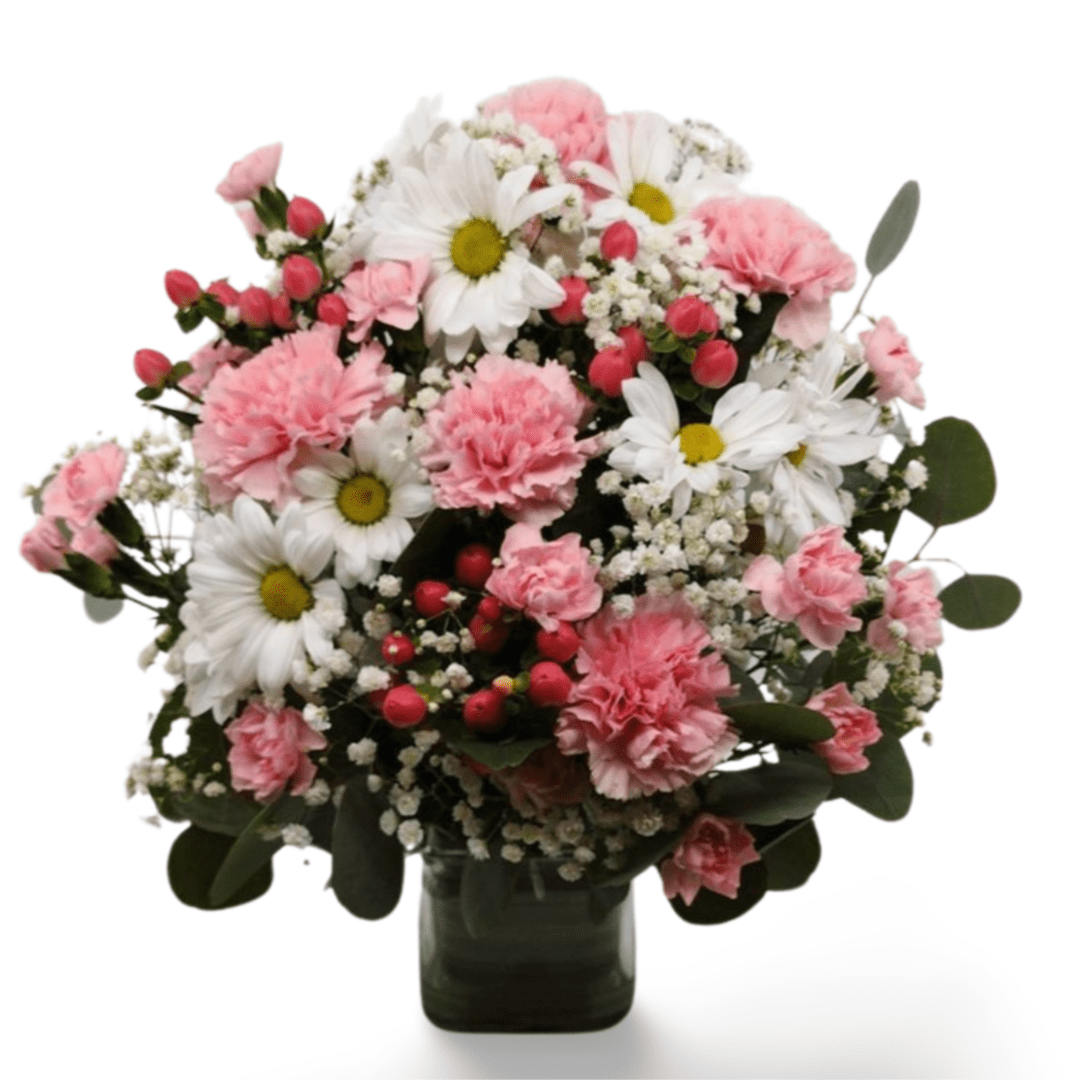 Pink and white flower arrangement in vase.