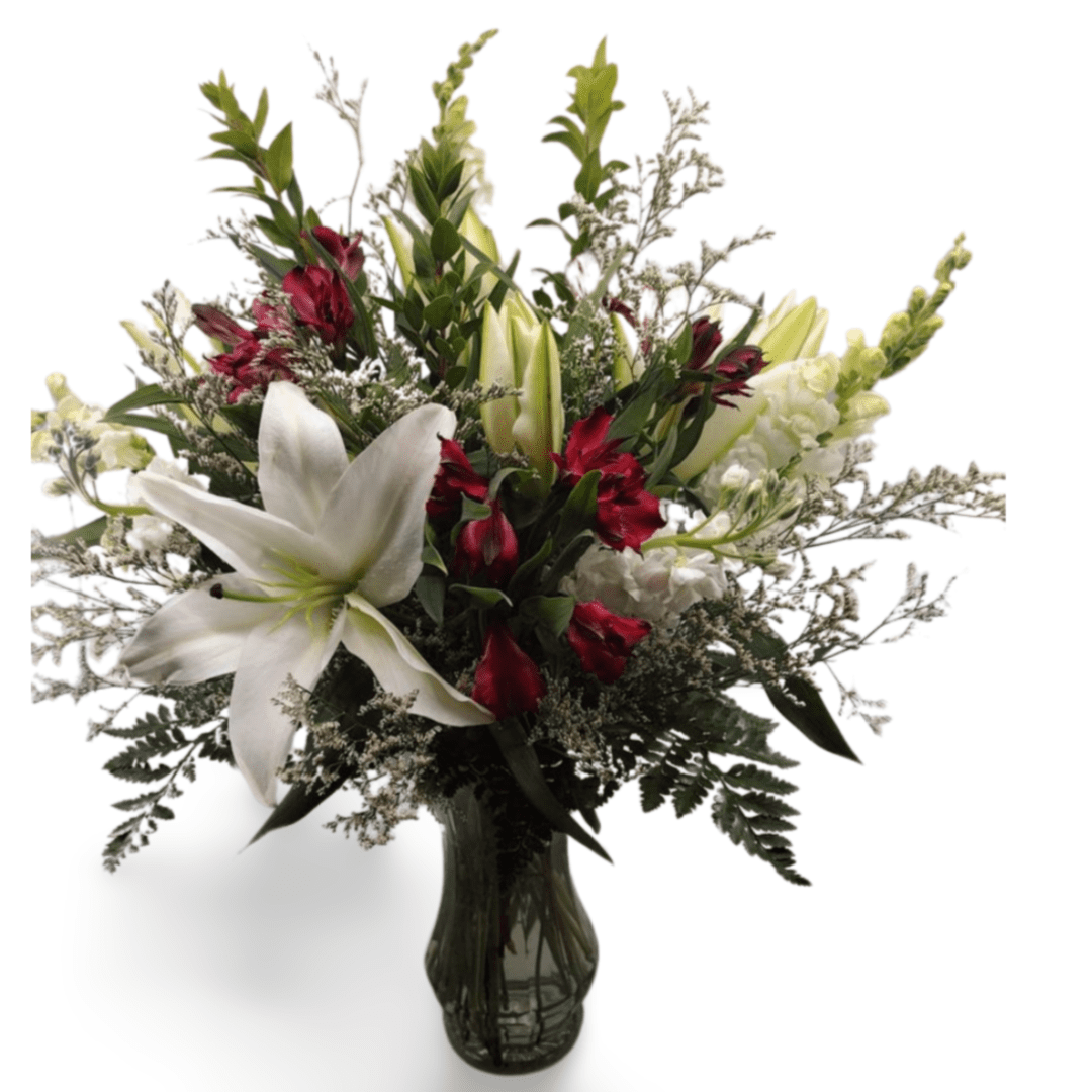 Elegant white and red flower arrangement.