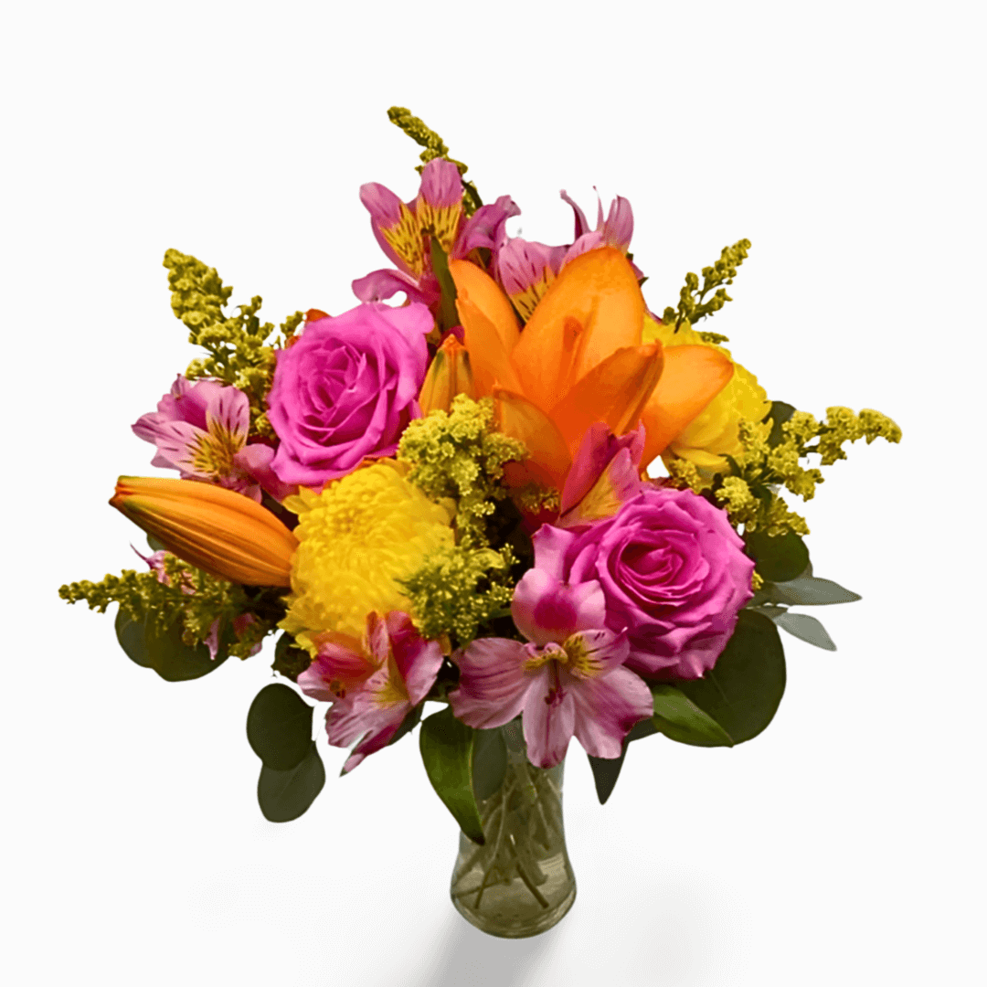 Vibrant pink, orange, and yellow flowers.