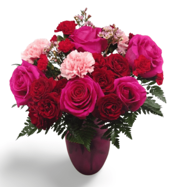 Pink and red roses and carnations bouquet.