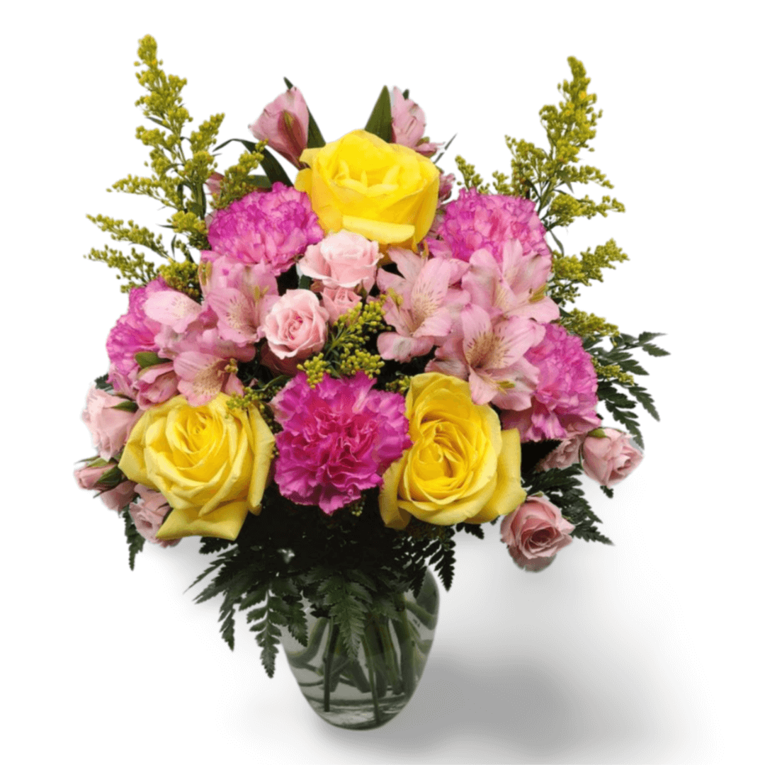 Pink and yellow roses in glass vase.