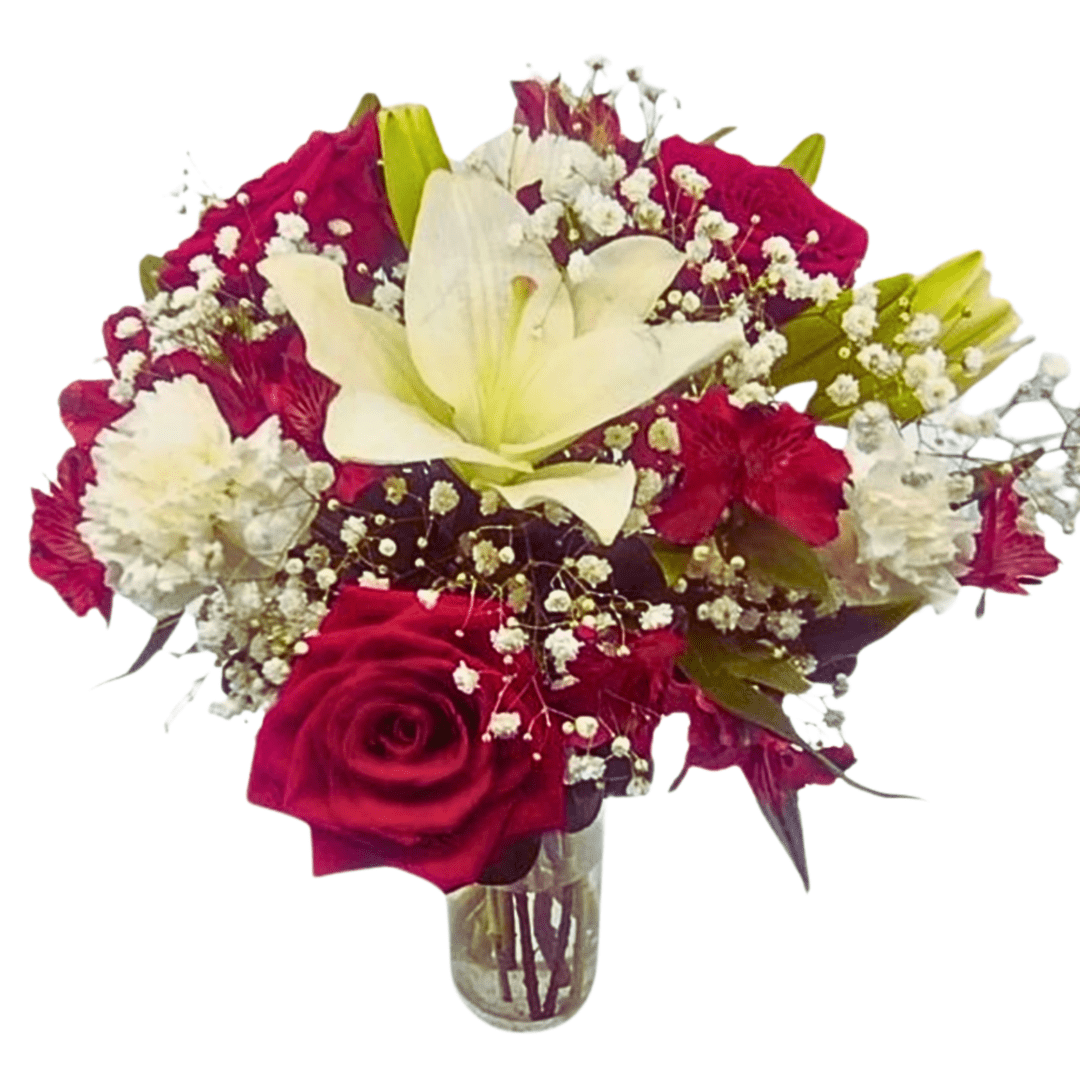 Red roses, white lily, baby's breath bouquet.