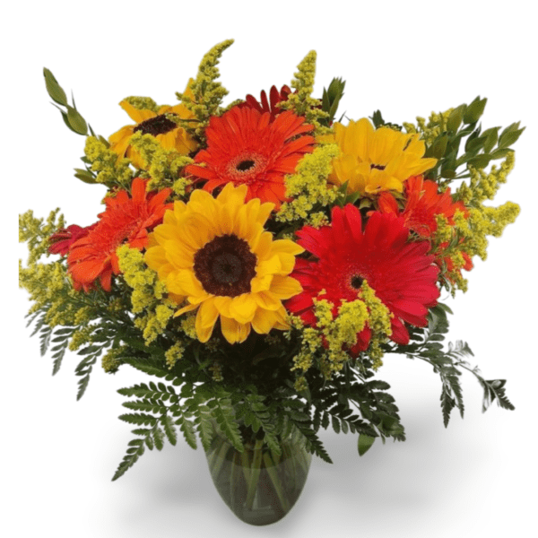 Sunflowers and gerbera daisies in vase.