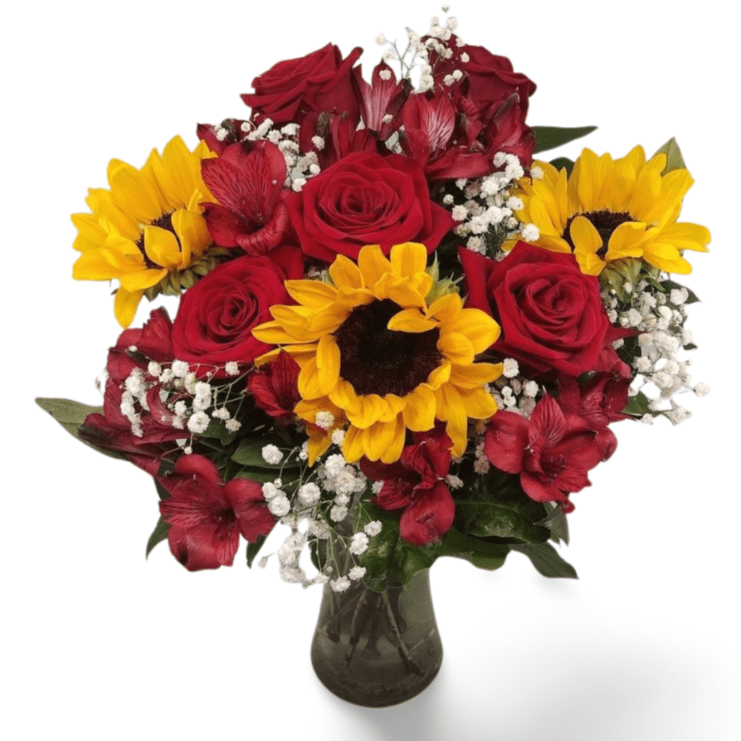 Sunflowers, roses, and alstroemeria bouquet.