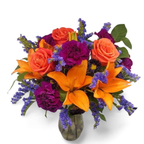 Vibrant orange and purple flower arrangement.