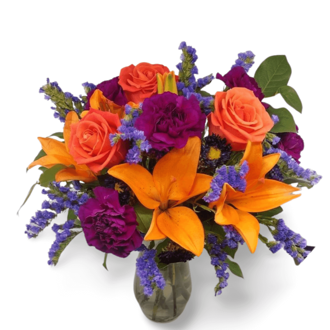 Vibrant orange and purple flower arrangement.