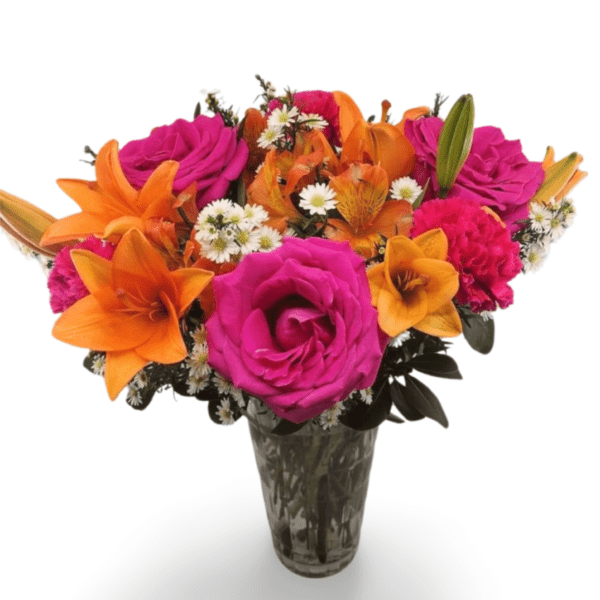 Vibrant pink and orange flower bouquet.