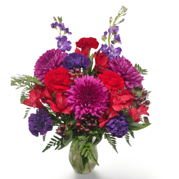 Vibrant red and purple flower arrangement.