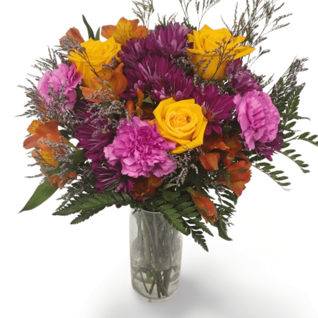 Vibrant yellow and purple flower bouquet.