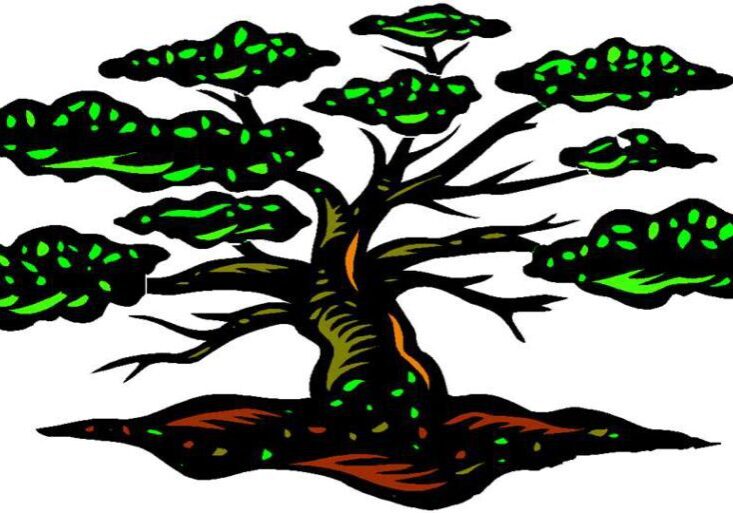 Illustration of a stylized tree with a thick trunk and expansive branches, featuring green leaves and scattered red dots on the ground.